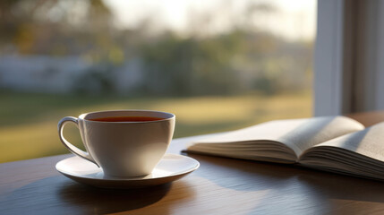 Serene Scene of a Tea Cup on a Wooden Table Beside an Open Book Bathed in Gentle Sunlight in an Ultra-Realistic Fine Art Style