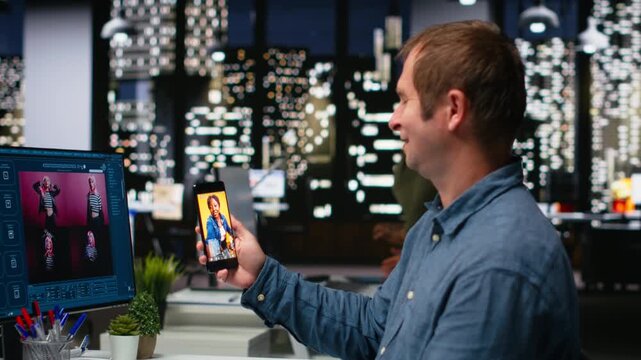 Male photo editor retouching images and scrolling on social media to see content, comparing lighting and color correction technique. Professional designer generating creative photos. Camera B.