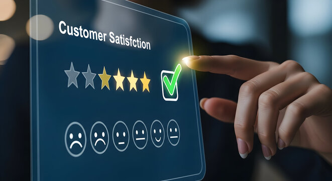 Customer Satisfaction Rating on Digital Screen with Finger Touch.