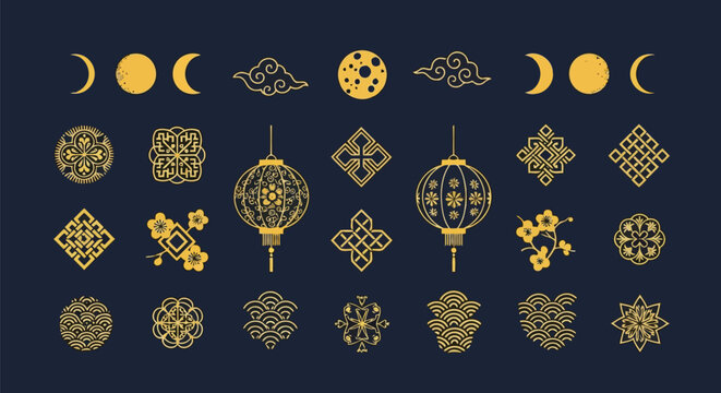 Collection of intricate gold chinese and asianinspired patterns, symbols, and decorative motifs