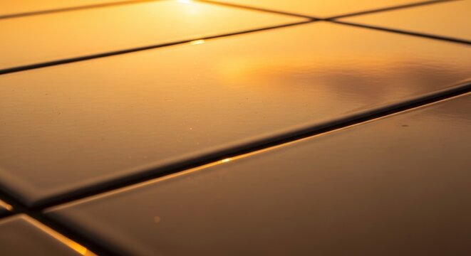 Golden sunset reflecting on a tiled surface, creating a warm and abstract pattern