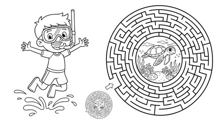 Cartoon boy with snorkel and maze puzzle for childrens activity book