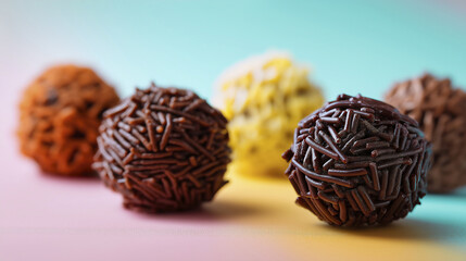Delicious Brazilian Brigadeiros with Chocolate Sprinkles on Pastel Background