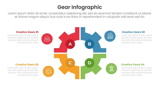 Gear shape infographic 5 point stage template with big gears centered on quadrant structure with circle spinning video animation or animated