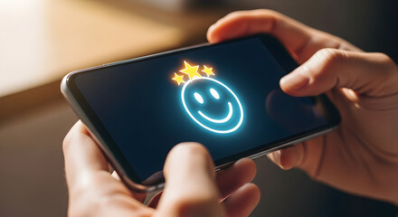 Customer Satisfaction Survey on Smartphone Screen with Happy Face Icon.