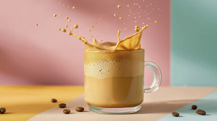 Refreshing Whipped Coffee Splashing in Clear Glass Mug on Vibrant Surface