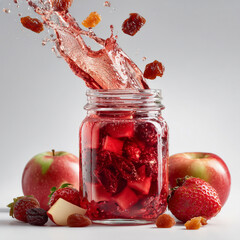 Refreshing Homemade Fruit Kompot Splashing with Apples and Strawberries