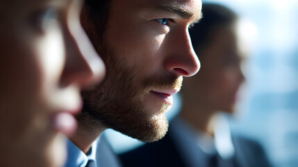 Focusing on the Horizon: A close-up shot captures the intense gaze of three business professionals, their eyes fixed on an unseen future, reflecting determination and ambition.