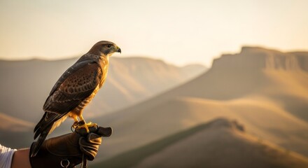 A falconer with a wild hawk on his gloved hand. Falconry and bird of prey for hunting and sport. Traditional training with majestic bird.