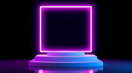 Illuminated neon rectangular frame on a pedestal with purple and blue lights