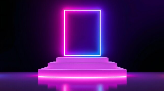 Illuminated neon rectangle portal on a staircase