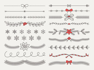 Hand-drawn ornamental winter dividers, snowflake borders, Christmas holiday decorative lines, floral ornate separators for greeting cards, invitations, wedding stationery, and elegant seasonal