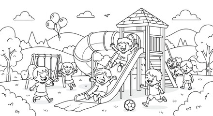 Fototapeta premium Happy children playing together on colorful playground with slides and swings