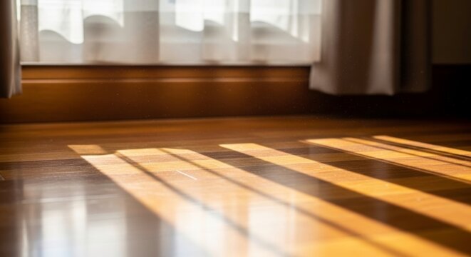 Sunlight casts long, striped shadows across a polished wooden floor near a window with curtains