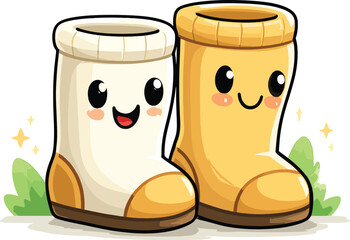 Cute cartoon rain boots with smiling faces in a playful design