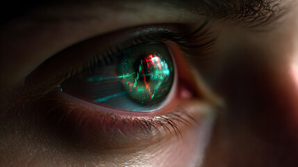 Data analysis in Eye: An eye close-up shows a complex data chart reflected within the iris, representing the intricate process of data analytics.