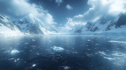 Naklejka premium Calm arctic sea with snow-capped mountains.
