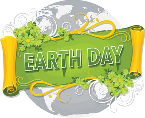 Earth day celebration banner with vibrant green flowers and globe symbol. environmental awareness vector