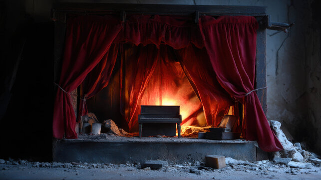 Abandoned Puppet Theater with Torn Red Velvet Curtains and Dusty Stage in Dim Light Setting