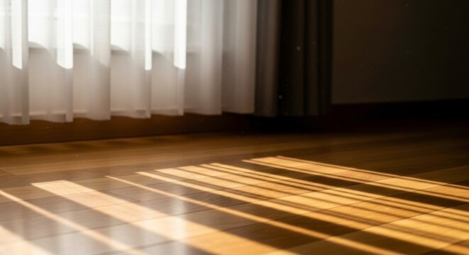 Sunlight creates a striped pattern on a polished wooden floor through sheer curtains - Powered by Adobe