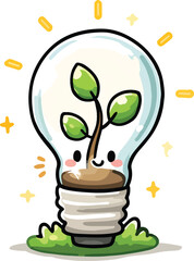 Cute cartoon light bulb with plant inside symbolizing eco-friendly energy