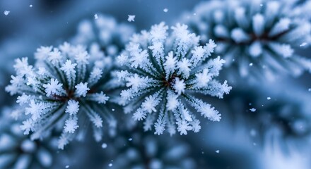 Delicate frost crystals and miniature snowflakes rest on a pine needle cluster, captured with shallow depth-of-field for dreamy winter visuals.