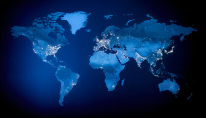 Obraz premium Blue global map with illuminated nodes, symbolizing worldwide connectivity and technological integration.