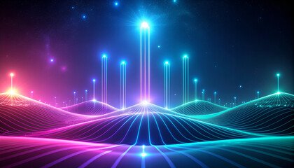 Neon light pillars rising from flowing wave lines, symbolizing data flow, technology, and digital communication.