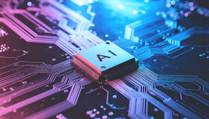Artificial intelligence processor on a vibrant circuit board, highlighting modern computing and smart technology.