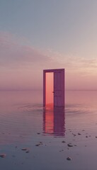 A pink door, ajar, stands in calm, pink-hued water at sunset, partially submerged, reflecting the serene sky