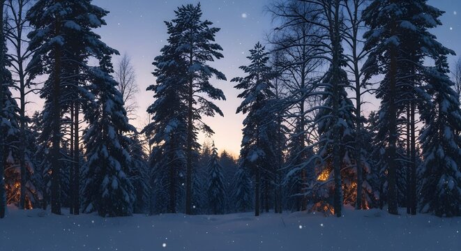 Snow falls lightly through an enchanted forest lit by subtle lights, creating a soothing loop-ready backdrop for video design.