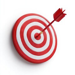 A red and white target with a red arrow striking its bullseye, set against a stark white backdrop, angled slightly to the left