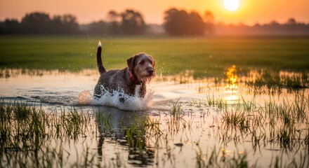 Dog running through shallow water at sunrise, creating splashes. Hunting dog training at sunset, active and playful animal during golden hour.