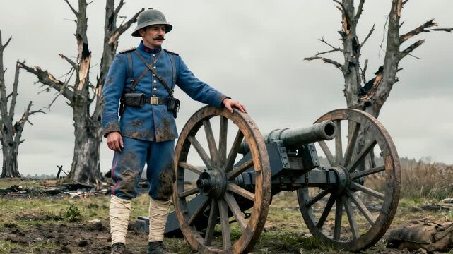 Veteran officer in steel helmet stands alert on historic combat ground