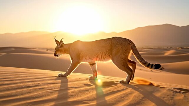 Majestic Caracal Strolling Through Golden Desert Dunes at Sunset.