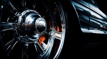 Highly polished metal automobile wheel reflects bright light against a dark background
