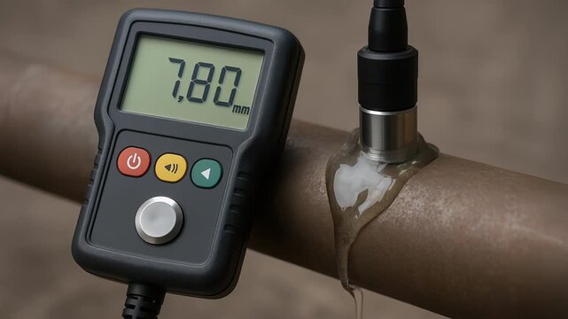 Ultrasonic thickness gauge pipe corrosion measurement inspection industrial manufacturing quality control accuracy mm measuring corroded metal pipe