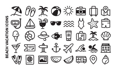 Beach Vacation and Summer Elements Solid Icon Set. Seasonal Travel and Holiday Symbols Collection, Isolated Vector Illustration.