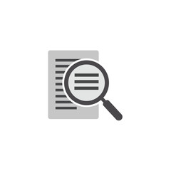 Flat vector illustration of a magnifying glass over a document, symbolizing search, data analysis, investigation, audit, and finding information.