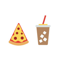 Flat vector illustration of a pizza slice and a soda drink, symbolizing fast food, combo meal, casual dining, and delicious takeaway.