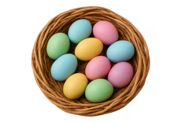 Easter eggs in wicker basket top view transparent background