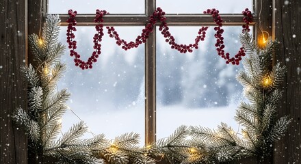 Rustic Aesthetic Winter Window Display with Festive Garlands and Twinkling Lights, Framing a Serene Snowy Landscape, Evoking a Cozy Holiday Spirit