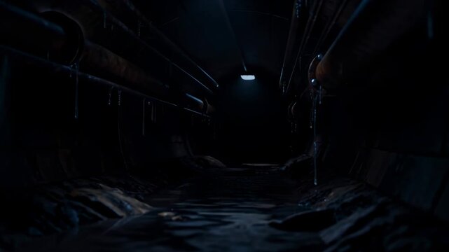 View of a dark, wet, and deteriorating underground sewerage tunnel with water dripping from pipes and exposed brickwork, inspection footage.