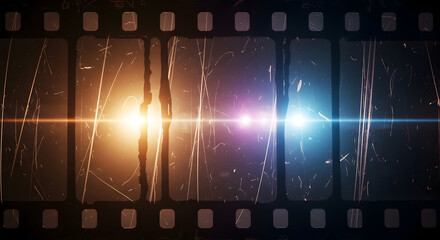 Old cinematic film strip background with vintage dust scratches and colorful light leaks