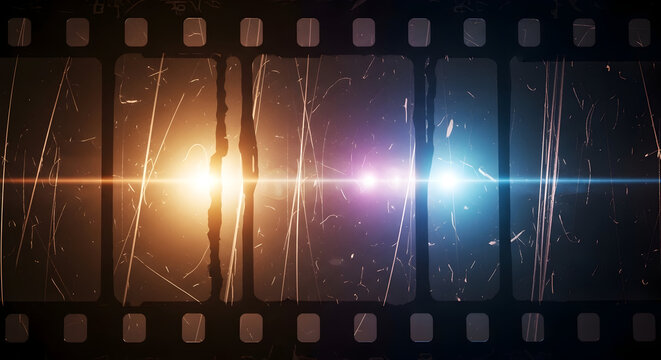 Old cinematic film strip background with vintage dust scratches and colorful light leaks - Powered by Adobe