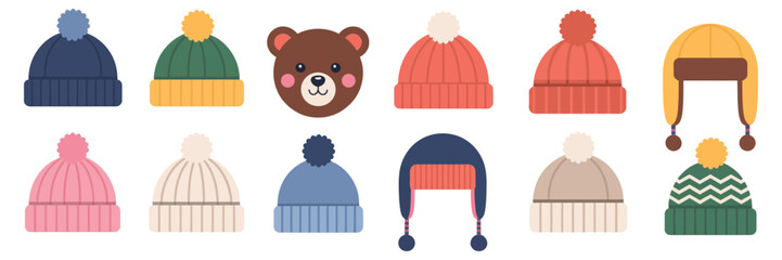 Knitted winter caps and cozy beanies vector set featuring warm wool textures, stylish cold-weather accessories, seasonal fashion headwear design