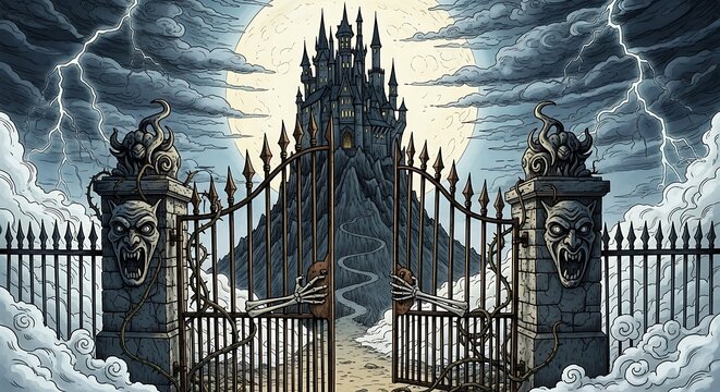 Dramatic illustration of a gothic castle at night under a stormy sky