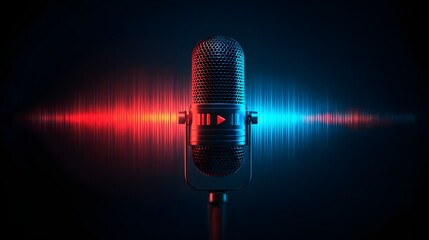 Professional  microphone captures vibrant sound waves illustrated with contrasting neon lights against a dark background