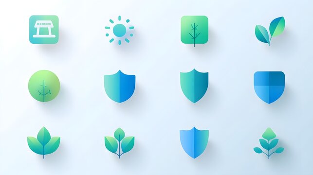 Collection of soft-shaded environmental and security icons displayed on a light background