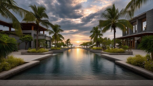 Tropical Paradise at Sunset: A tranquil resort showcases stunning architecture and lush palm trees framing a serene pool reflecting the warm hues of a breathtaking sunset over the ocean. 
